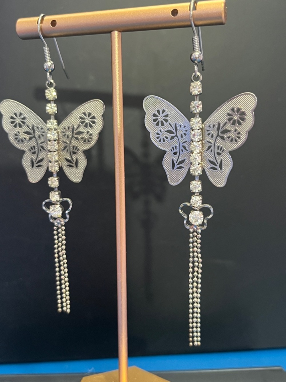Silver Butterfly Dangle Earrings with Crystal Accents